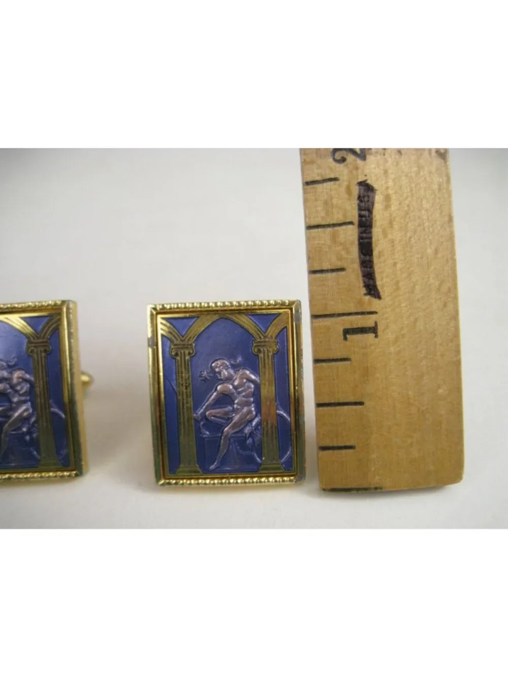 Vintage Swank Blue Enamel Gladiator Cuff Links Gold Tone Mid Century 1950s